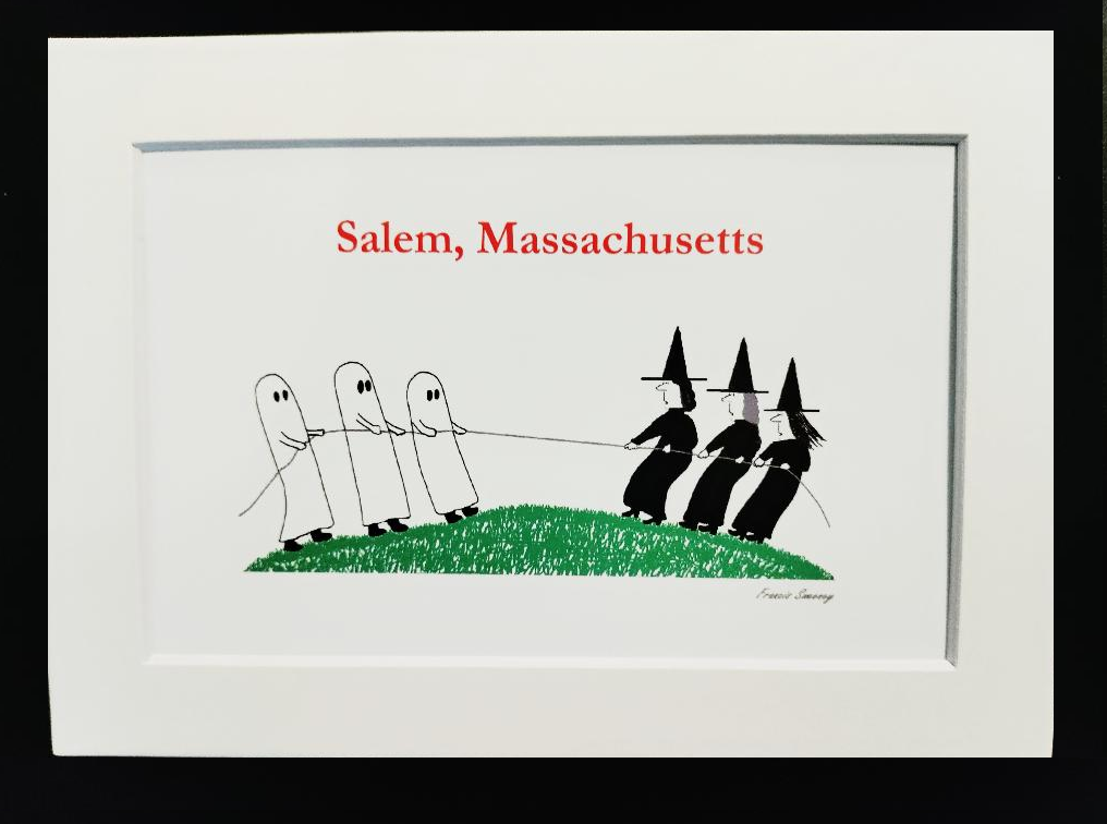 "Ghosts and witches in a tug of war." 5x7 White, Matted, Cartoon Print.