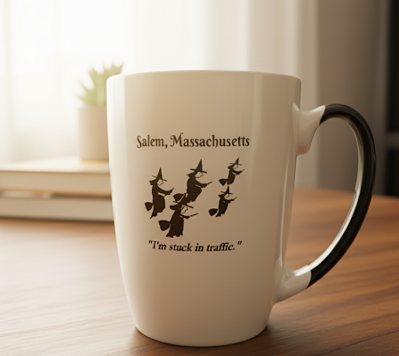 "I'm stuck in traffic." White, ceramic, 12oz coffee mug with black handle and interior.