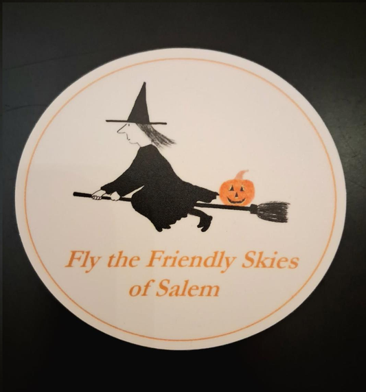 "Fly the Friendly Skies of Salem" Die cut vinyl sticker. 2 3/4"H x 3"W