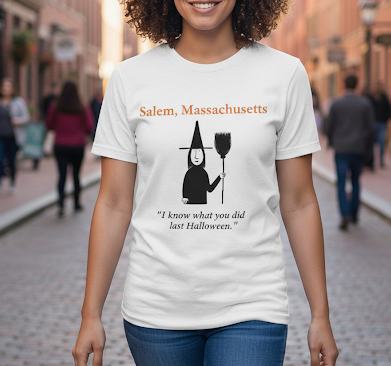 Salem, Massachusetts. "I know what you did last Halloween." White, Gildan, heavy cotton, short-sleeved T-shirt.