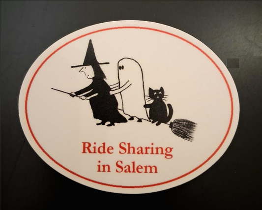"Ride Sharing in Salem" Die cut vinyl sticker. 2 1/2"H x 3"W.