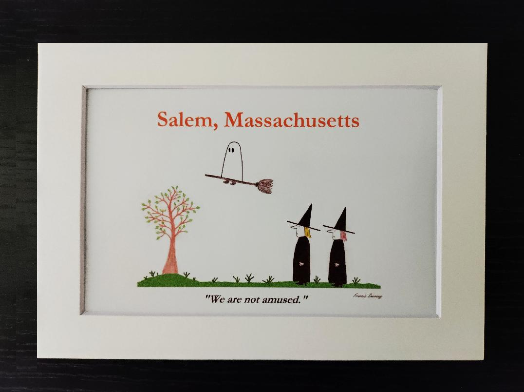 "We are not amused." Cartoon print.