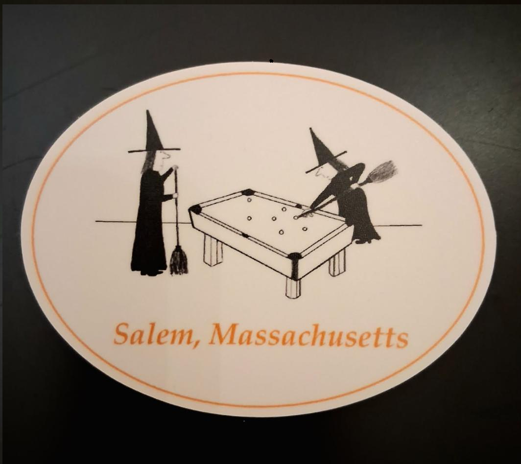 "Salem, Massachusetts." Two witches playing pool with broomsticks. Die cut vinyl sticker. 2 1/4"H x 3"W
