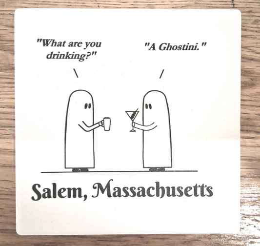 "What are you drinking?" "A Ghostini." White, ceramic coaster with cork bottom.