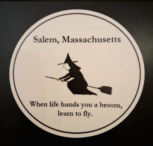 "When life hands you a broom, learn to fly." Die cut vinyl sticker. 2 3/4"H x 3"W