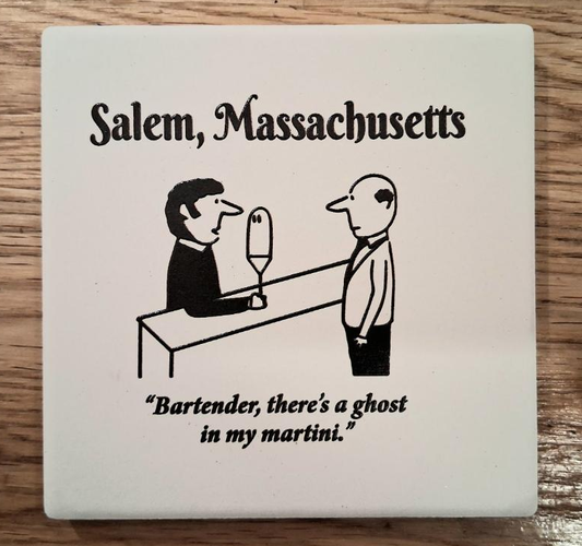 "Bartender, there's a ghost in my martini." White, ceramic coaster with cork bottom.