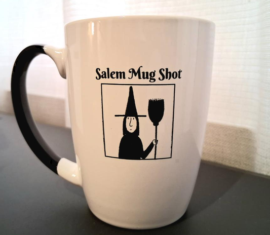 "Salem Mug" "Salem Mug Shot" White, ceramic, 12oz, two-sided coffee mug with black handle and interior.
