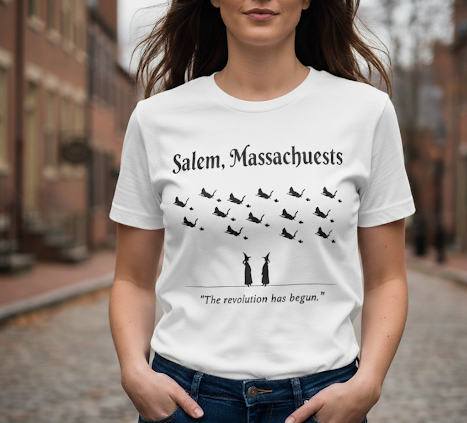Salem, Massachusetts "The revolution has begun" White short-sleeved cotton t-shirt.