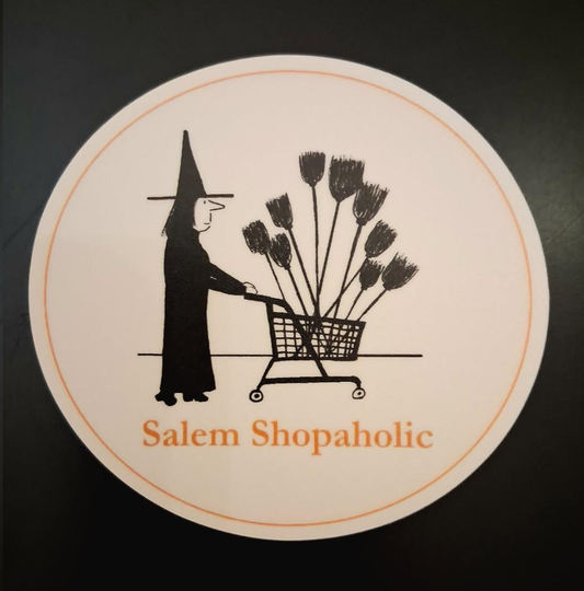 "Salem Shopaholic" Die cut vinyl sticker. 2 3/4"H x 3"W