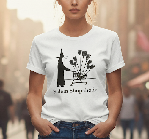 Salem Shopaholic. Short sleeved, Gildan, heavy cotton, white t-shirt.