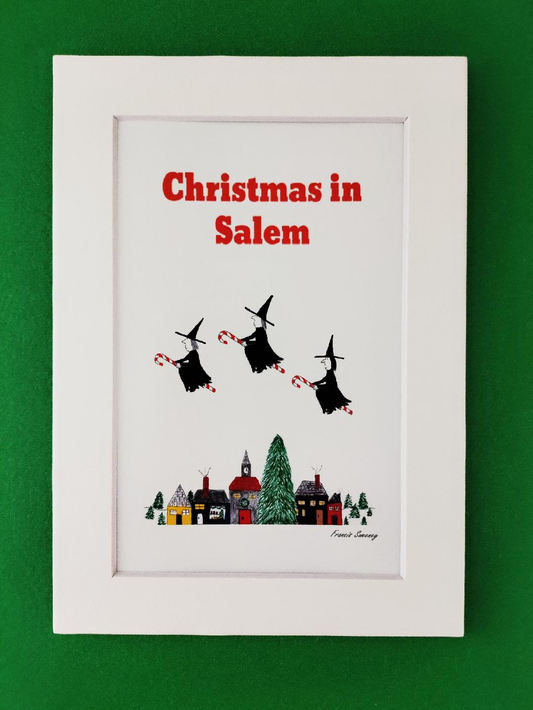 Christmas in Salem. "Witches flying on candy canes." Cartoon print.