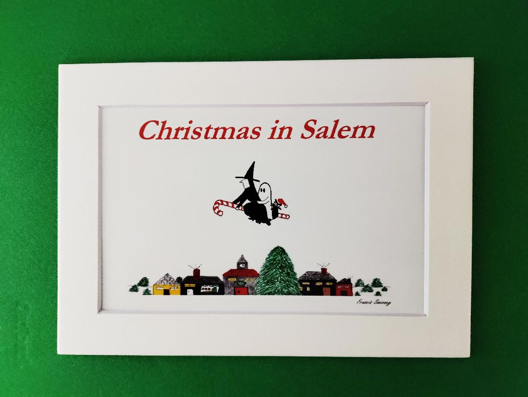 Christmas in Salem. "Witch, Ghost and Black Cat flying on Candy Cane. Cartoon Print.