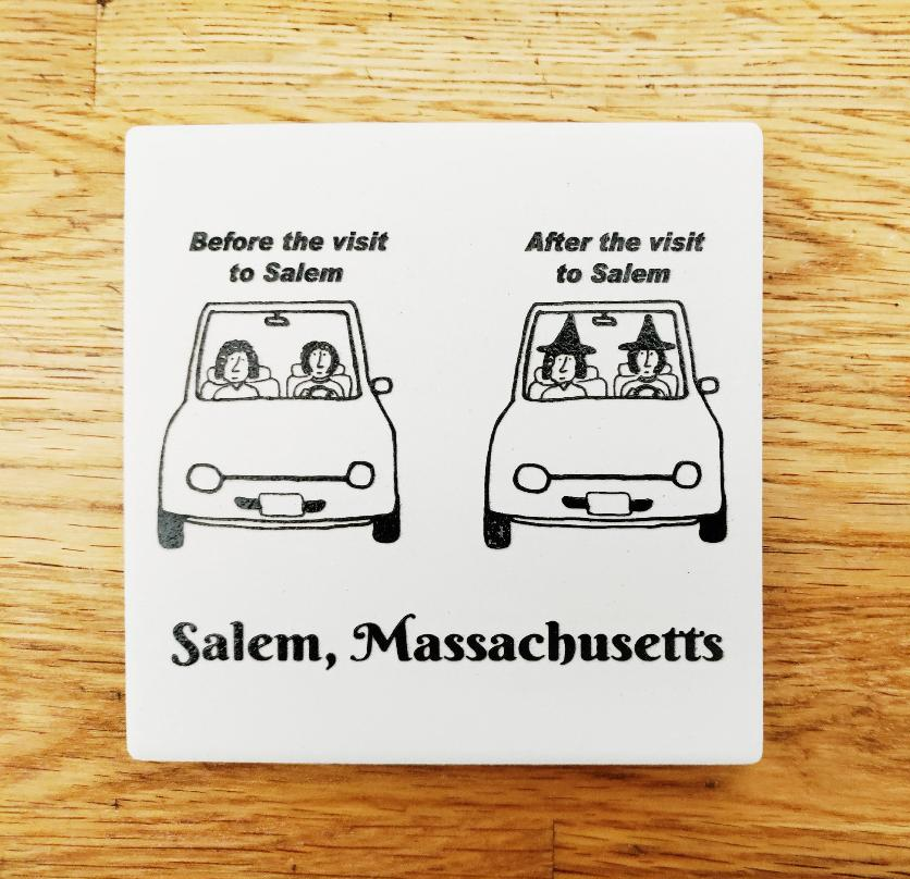 "Before the visit to Salem." "After the visit to Salem" Ceramic coaster.