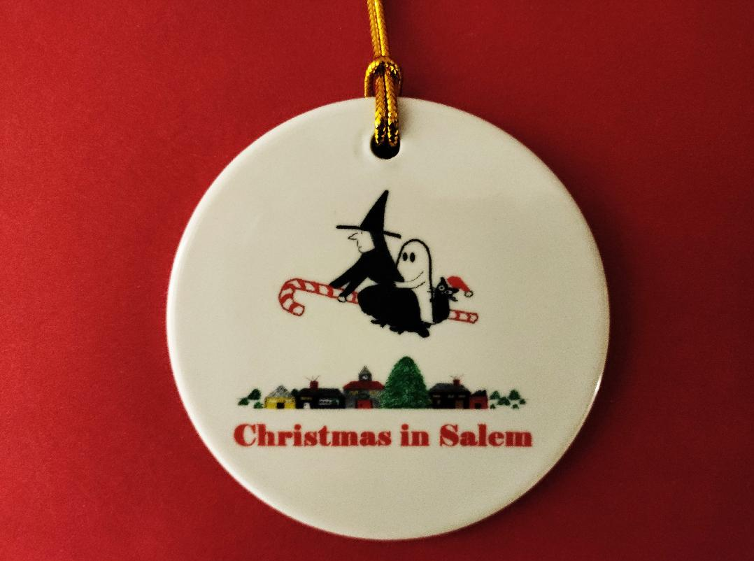 Christmas in Salem. "Witch, Ghost and Cat on Candy Cane." Ceramic Ornament