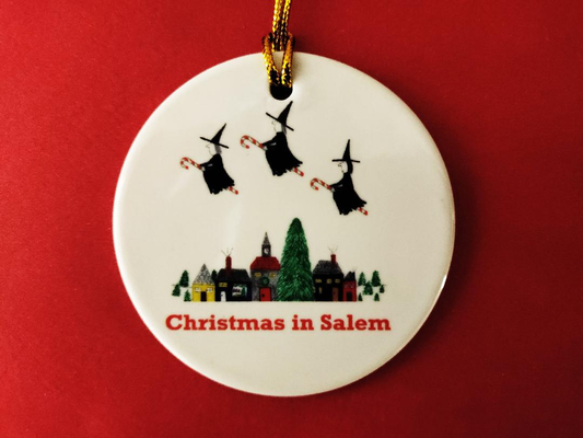 Christmas in Salem. "3 witches flying on candy canes. Ceramic Christmas Ornament.