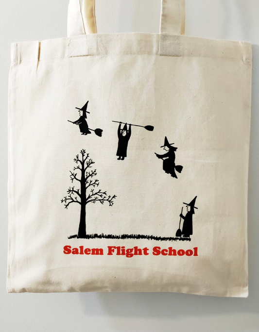 "Salem Flight School." Cotton sheeting natural tote bag.