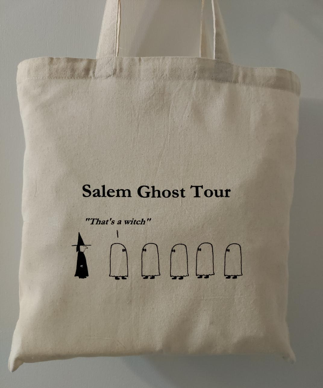 Salem Ghost Tour. "That's a witch." Cotton sheeting natural tote bag.