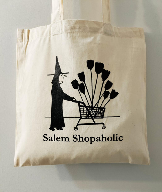 "Salem Shopaholic" Cotton sheeting natural tote bag.