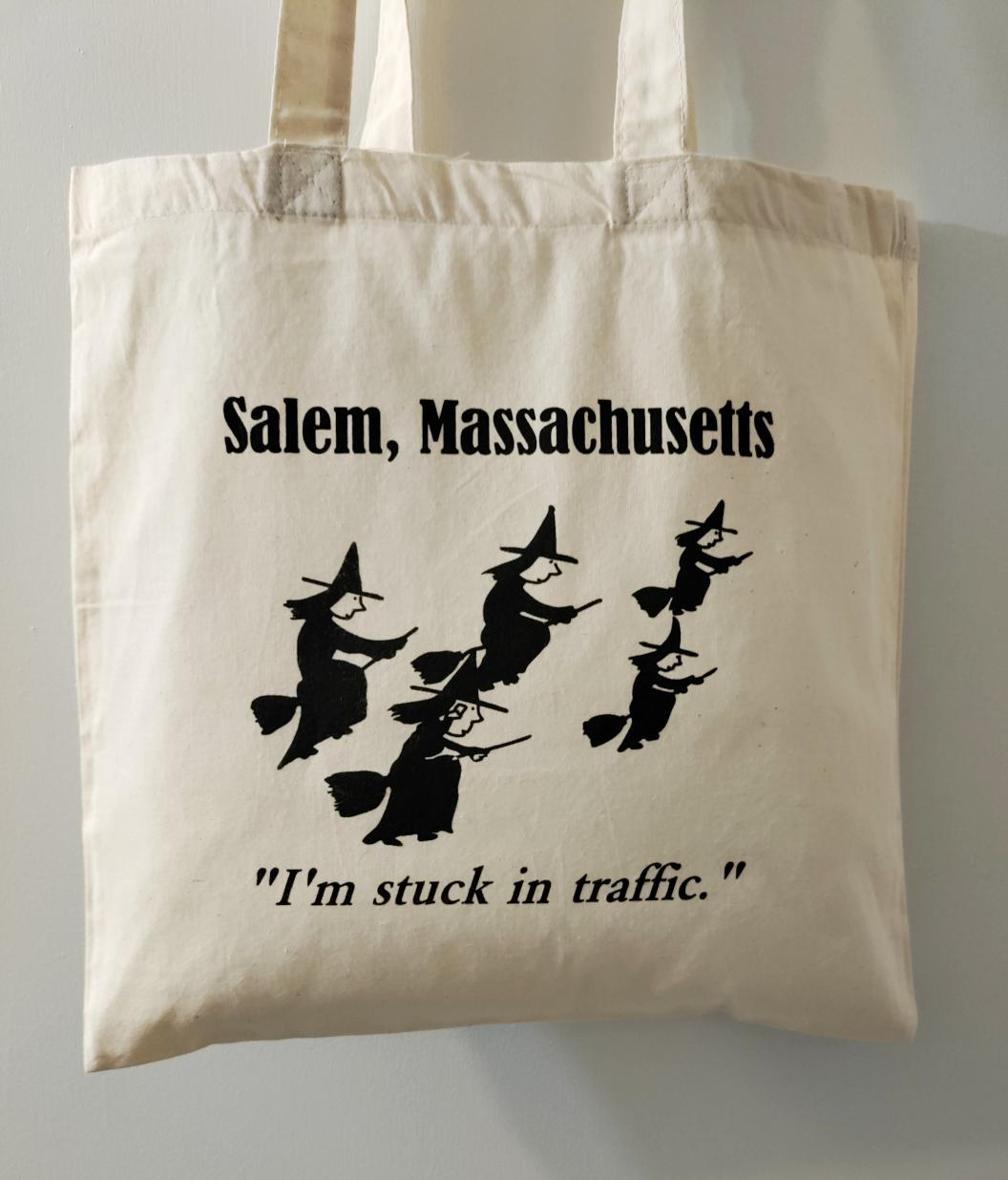 "I'm stuck in traffic. Cotton sheeting natural tote bag.