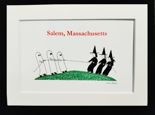"Ghosts and witches in a tug of war." 5x7 White, Matted, Cartoon Print.