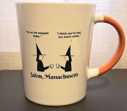 "I'm on the warpath today." "I think you've had too much coffee." White, ceramic, 13 oz coffee mug with orange handle and interior.